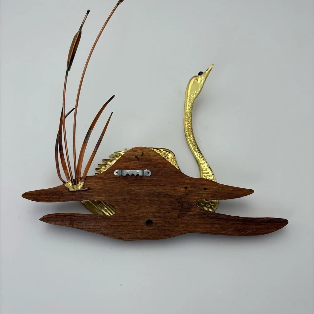 Mid-century Modern Brass and Copper Swan and Cattails Wall Art